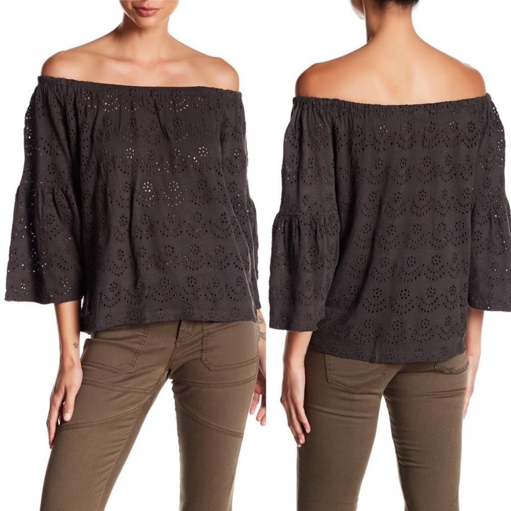 Lucky Brand Black Eyelet Lace Off The Shoulder Bell Sleeve Top Size XS‎ Cotton